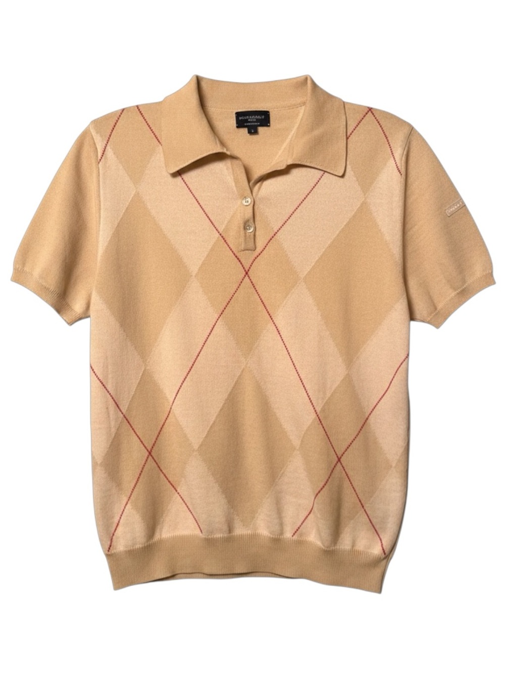 Burberry Vintage Made in Italy Merino Wool Tan Red Argyle Size Small Polo Shirt